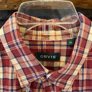 Orvis Men's Burgundy and Cream Plaid Shirt